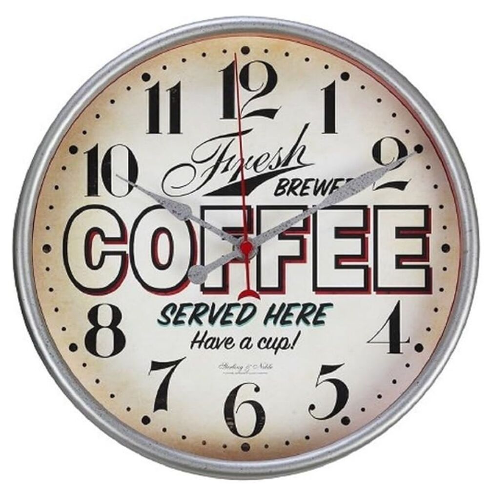 Plastic Wall Clock, 10" Dia., FRESH BREWED COFFEE SERVED HERE, silver rim, MS